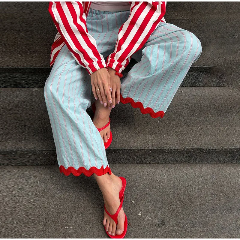 Casual Contrast Striped Women's Pants Wave Cut Elastic Waist Female Wide Leg Trousers 2026 Autumn Lady Vintage Chic Pant