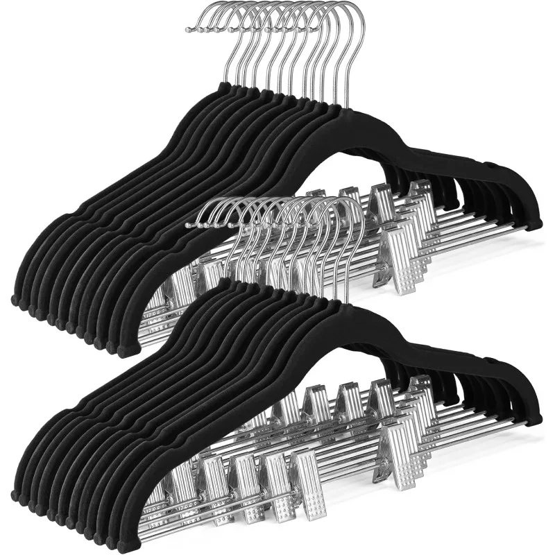 Samt Rock Kleiderbügel 24er Pack, schwarze Samt Kleiderbügel mit verstellbaren Clips, platzsparende schlanke Samt Hose Kleiderbügel, schwere Shorts