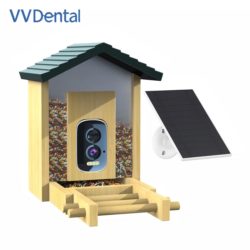 Smart Bird Feeder With Camera Solar Powered AI Bird Detection Full Color Night Vision App Alerts Bamboo Wooden Birdhouse Feeder