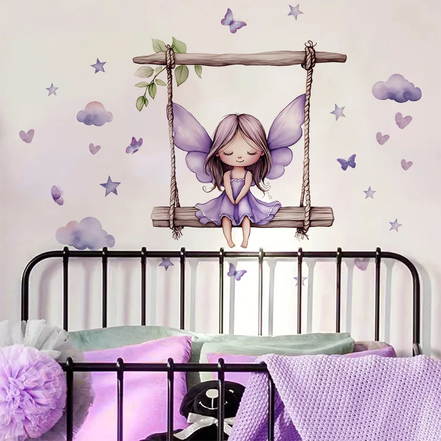 ملصقات حائط متأرجحة على شكل فراشة أرجوانية على شكل نجمة أرجوانية - ملصقات فينيل قابلة للإزالة لغرفة نوم الأطفال وديكور غرفة الخيال #5
