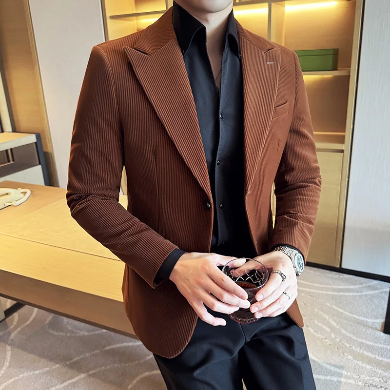 Korean Solid Color Suit Jackets Men\'s Corduroy Striped Blazers Autumn Winter Casual Business Wedding Groom Dress Coats M-4XL