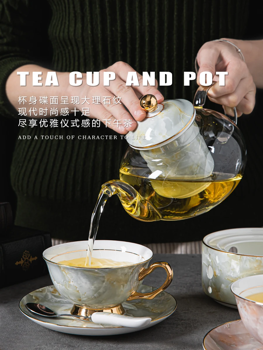 Light luxury high-end glass teapot candle heating tea set bone china flower red tea cup