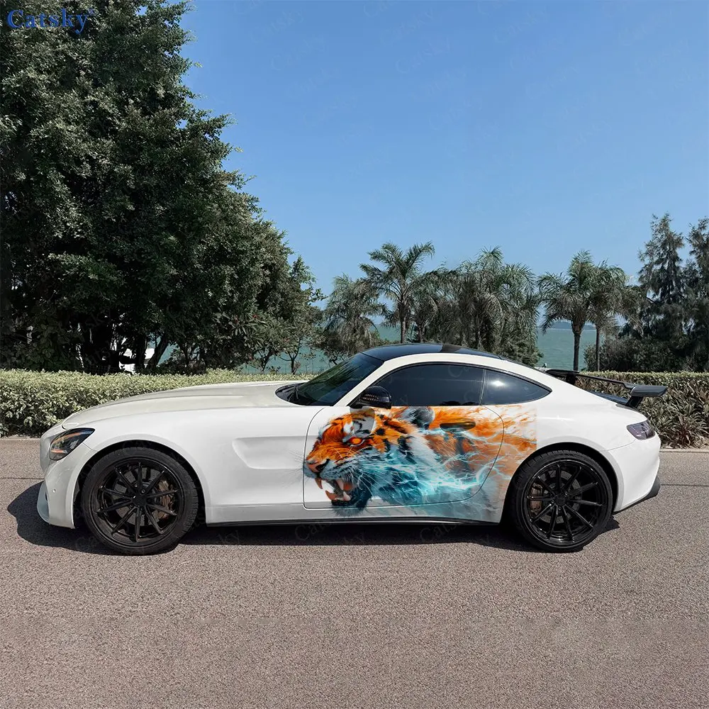 2Pcs Cloud Lightning Roaring Tiger Car Side Wraps, Self-Adhesive PVC Waterproof & Scratch-Resistant Stickers, Car Accessory Gift