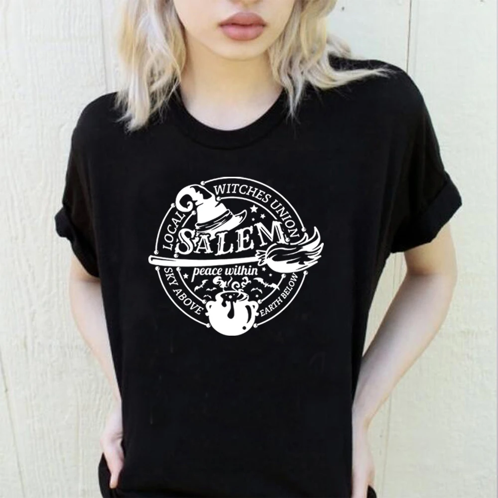 Vintage Local Witches Union Salem Witch Graphic T Shirt Halloween Wicca Tee Retro Casual Short Sleeve Unisex Streetwear Tops