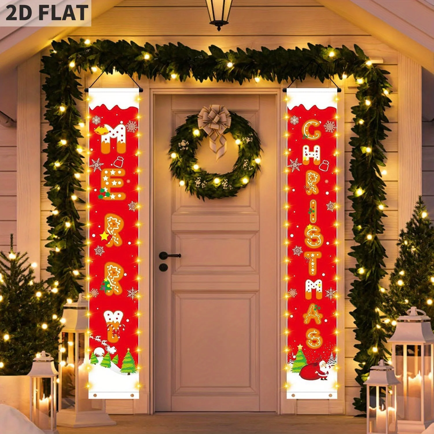 Christmas Decorations Banners with String Lights, Pattern Merry Christmas Party Decor, Bright Red Xmas Hanging Banner for Front