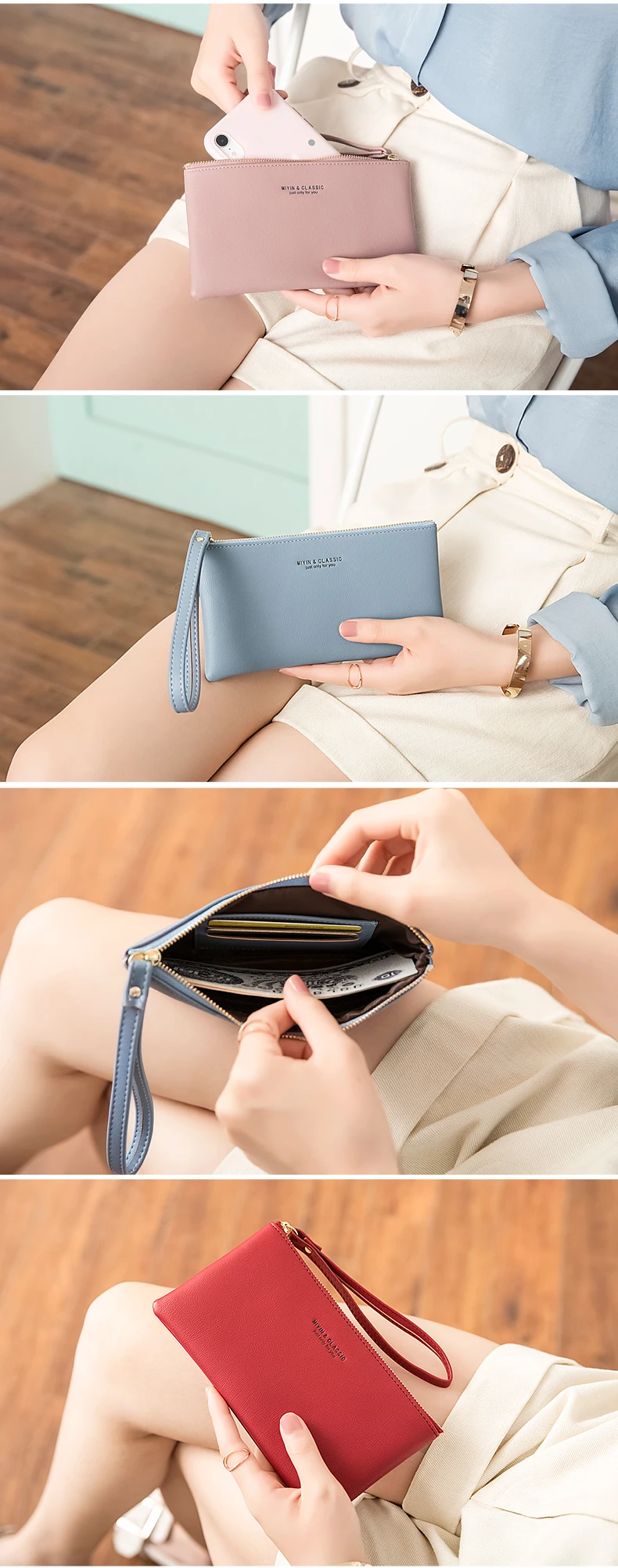 Neue minimalistische Geldbörse mit Reißverschluss, hochwertige PU-Leder Kreditkarten- und Handy-Aufbewahrungstasche, ultradünne Damen-Langbörse, Handtasche – Detail 6
