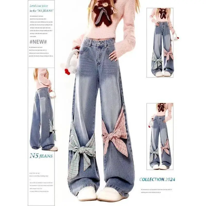 

Модные топы в стиле кавайи для девушек, повседневная женская одежда с мультяшным принтом, джинсы с широкими штанинами, джинсовая одежда больших размеров, весна-зима, ретро, клетчатый узор, с бантом