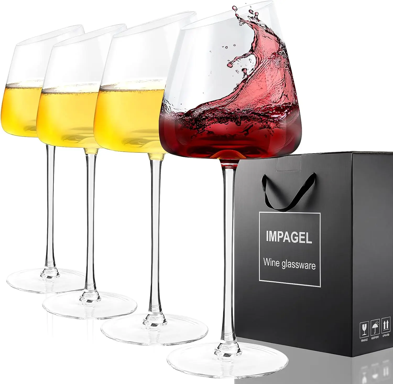 

Slanted Red/White Wine Glasses, Set of 4, Elegant Hand-Blown Long Stem Wine Glasses with Unique Concave Base, Modern Pre