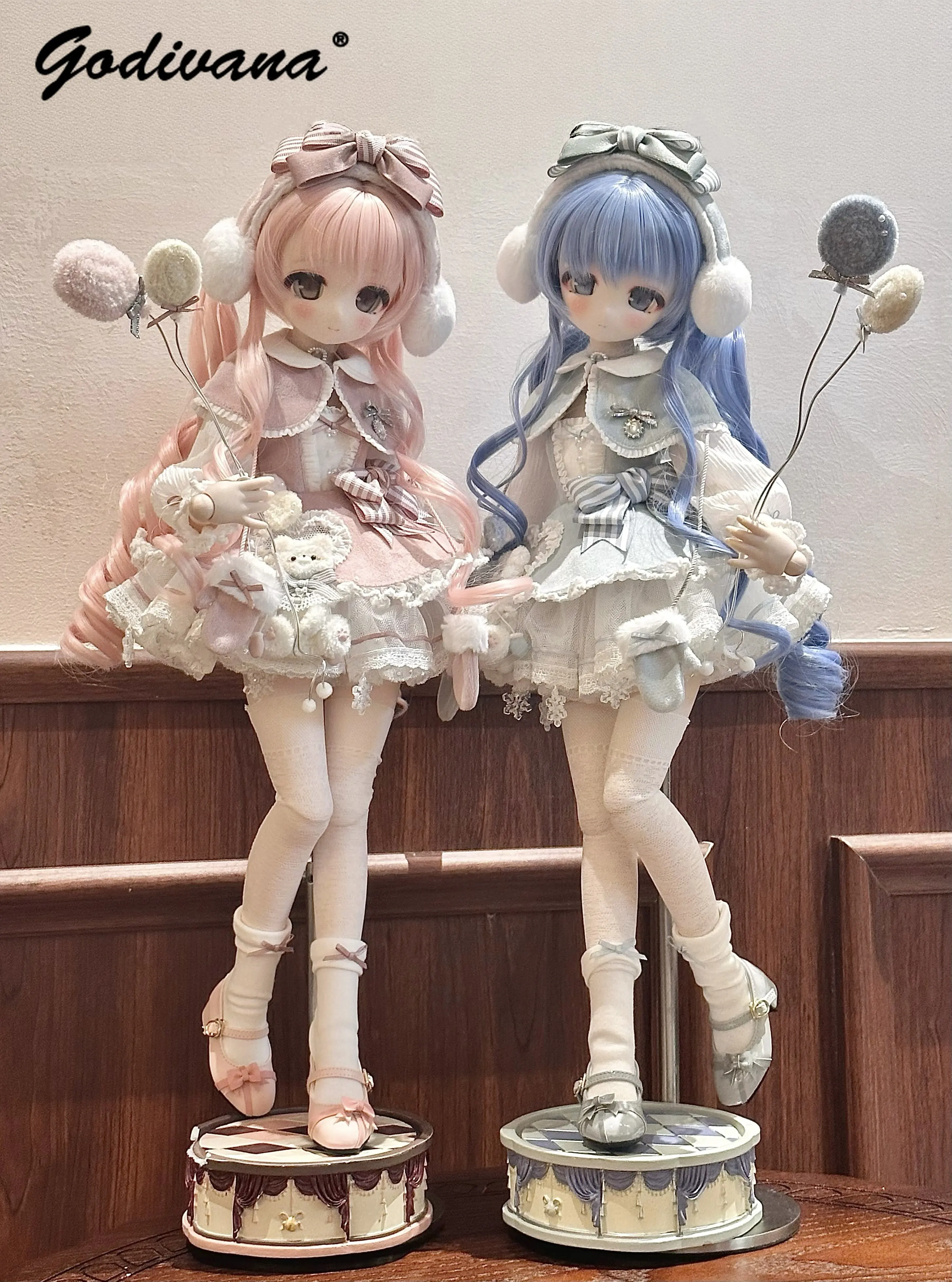 Sweet Lolita BJD Doll Clothes Set Cute Bear Lace Ruffle Trim Long Sleeves High Waist Princess Dress Outfit for 1/4 BJD Doll
