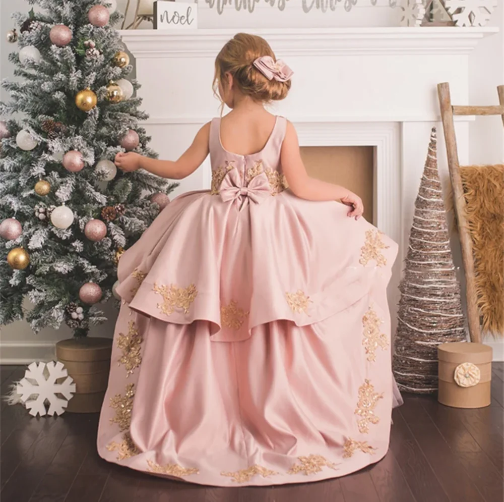 Pleat Wedding Sleeveless Floor Length Long Ball Flower Girl Dress Applique Sweep Train Formal First Communion Dress Customized