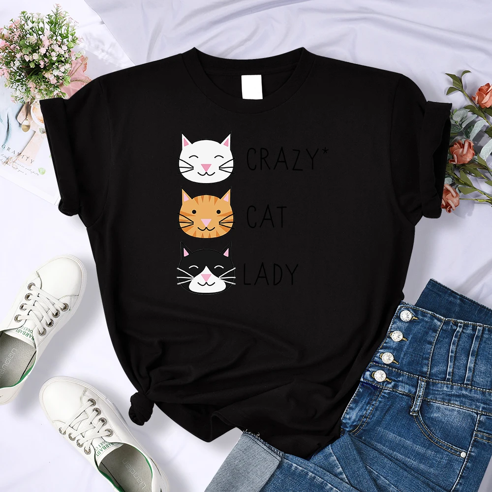 Crazy Cat-camisetas Kawaii para Mujer, Ropa de moda para Mujer, Tops informales Harajuku, Ropa estética para Mujer