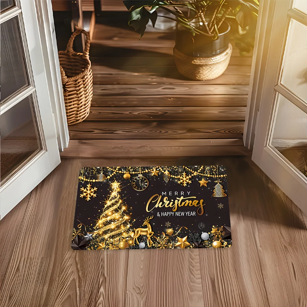 A High-Quality Polyester Carpet with a Christmas Theme, Featuring a Luxurious Golden Christmas Tree And Reindeer Design. This