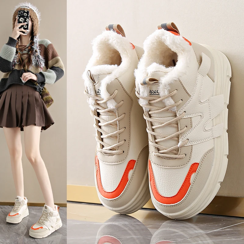 2025 الشتاء الدانتيل متابعة سميكة القاع أحذية فلكنيز امرأة بولي Leather الجلود الدفء أحذية رياضية السيدات منصة بيضاء أحذية رياضية نسائية #3