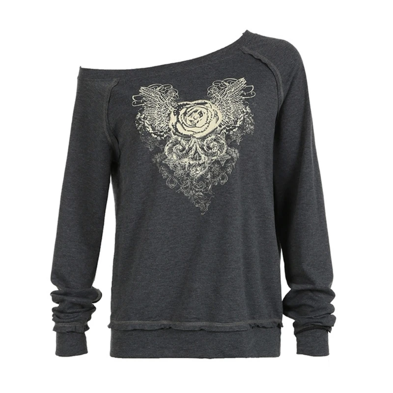 

Comfortable Warm Single Shoulder Rose Printed Long Sleeve Sweater Oversized Sweatshirt Pullover Top For Fall And Winter