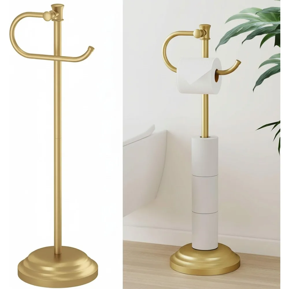 

25" Freestanding Toilet Paper Holder with Storage Shelf, Brushed Gold Stand for 4 Rolls - No Drill Installation