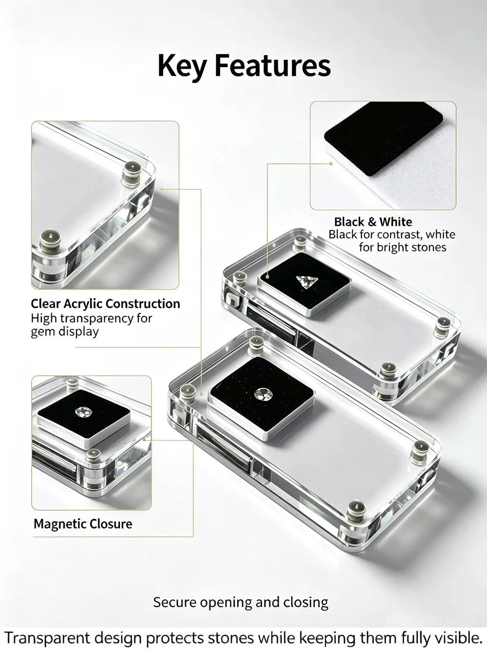 Acrylic Diamonds Storage Box Transperant Gem Stone Packaging Box Black and White Sponge Pad Bare Stone Jewelry Display Tray