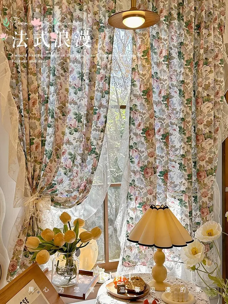 American floral cotton curtains, French vintage rose manor, Rococo lace half-curtain
