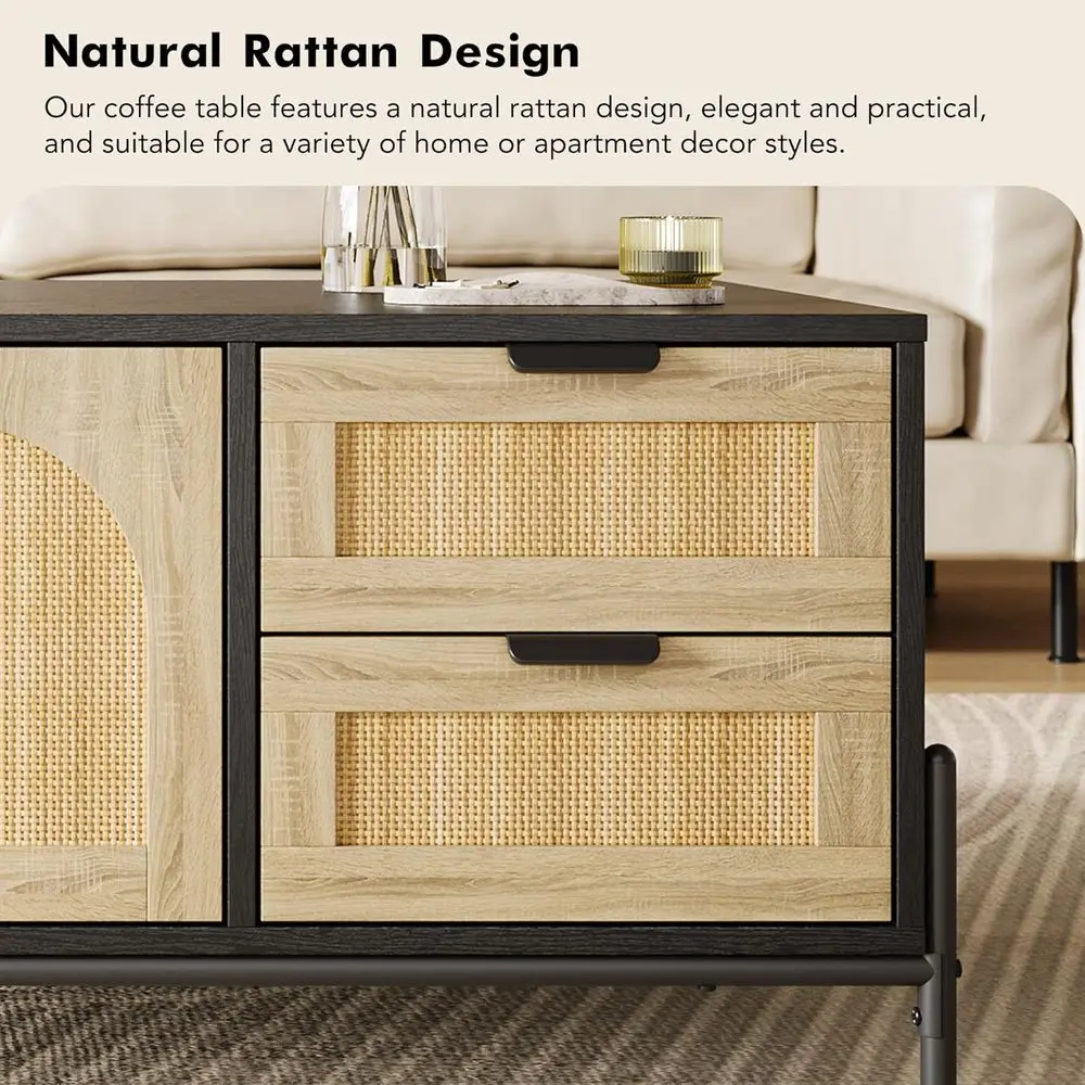 LED-Illuminated Rattan Coffee Table with Storage Drawers and Doors, Modern Farmhouse Style in Black & Oak