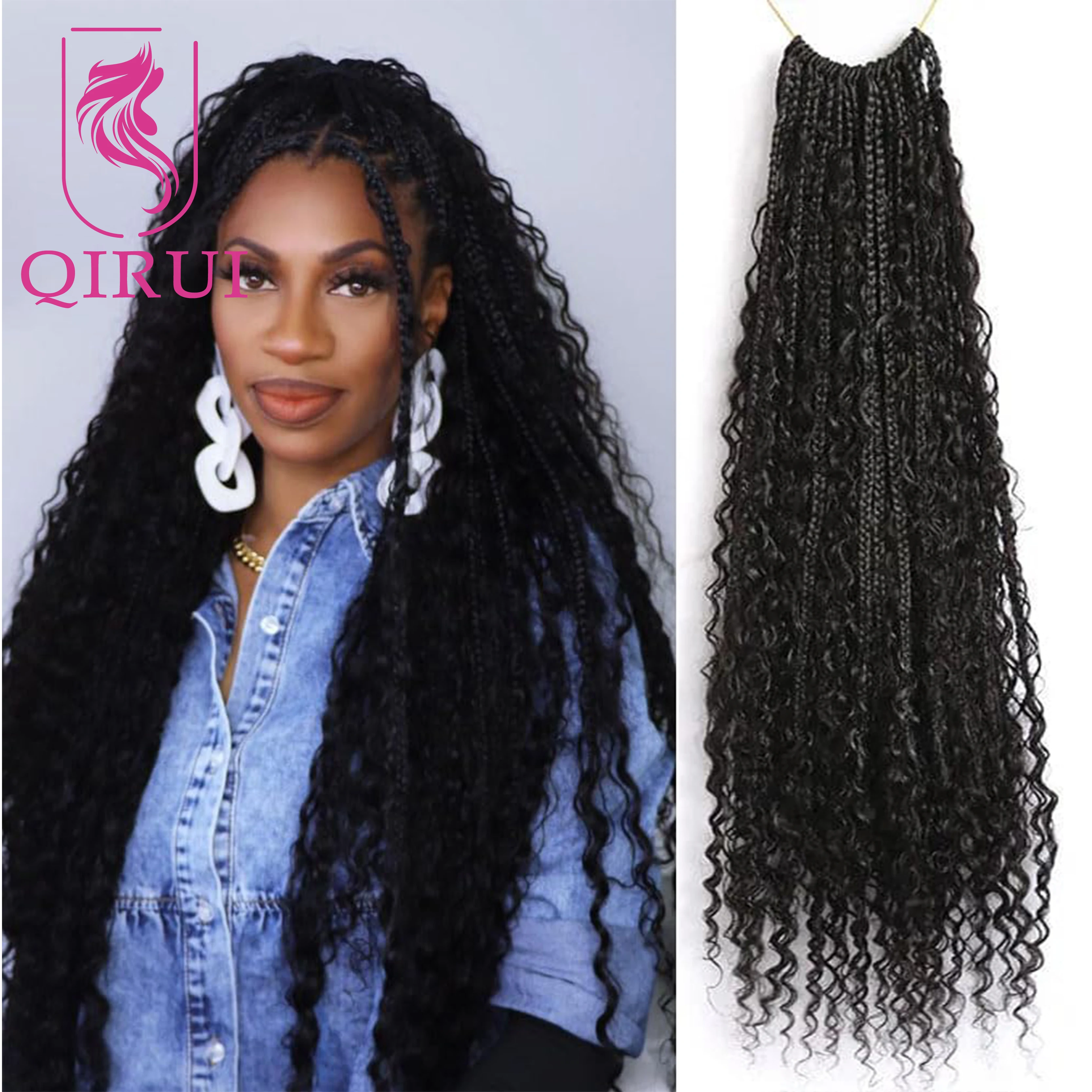 

18 Inch Human Hair Crochet Boho Box Braids Curly Ends Long Pre-looped Synthetic Braid Human Hair Curls Braiding Hair Extensions