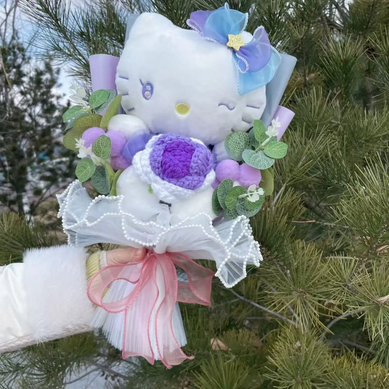 Mooie Hellokitty Kurom pluche pop knuffels met bloemen creatief handgemaakt boeket Valentijn kerst afstudeercadeaus