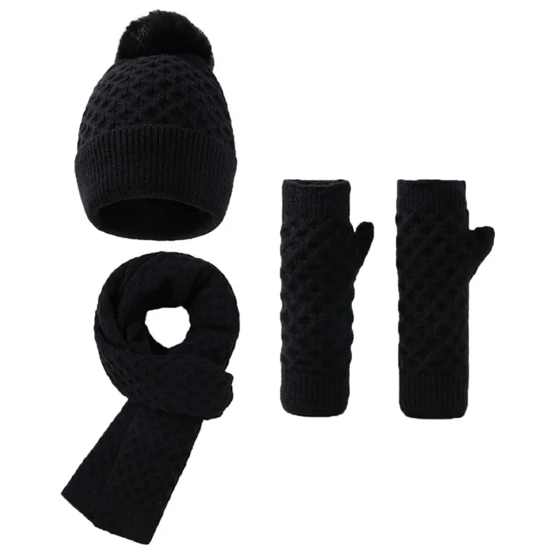 Korean Style Checked Winter Hat Scarf Gloves 3PC Christmas Gift for Couples Warm and Thick Big Brim Wool Hat in  Winter
