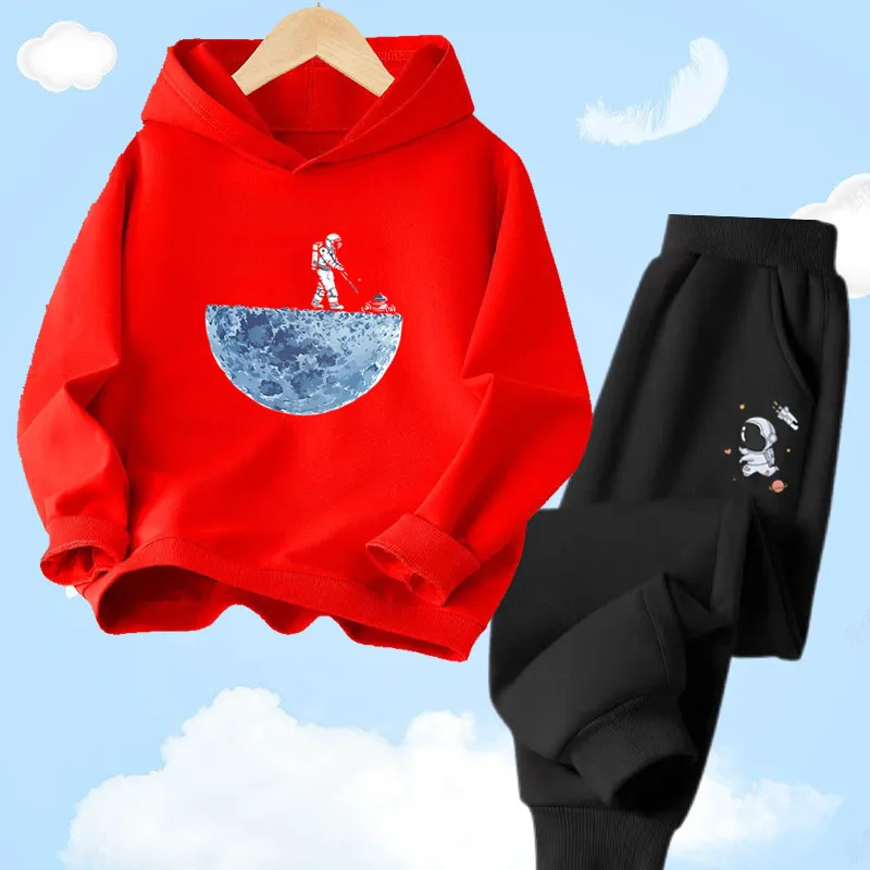 2023 Spring Fall Baby Hoodies Sets Fashion Kids Thin Tracksuit Boys Cartoon Funny Astronaut Print Hoody Sweatshirts+Pants Suit