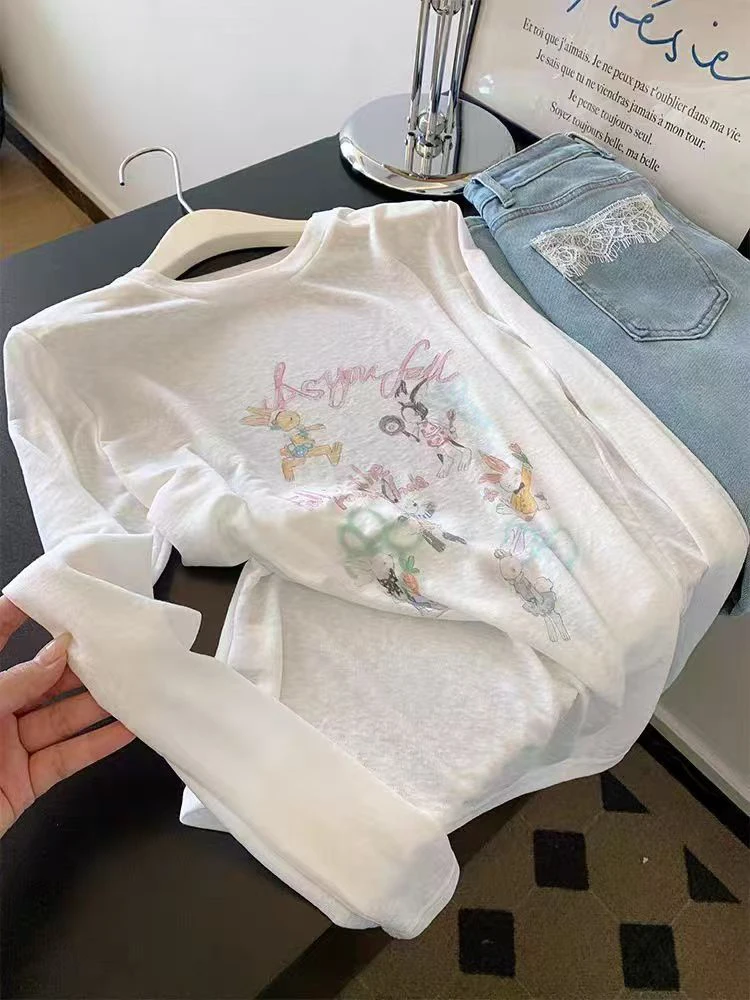 

Ladies fiti Print Long Sve T-irt Korean Sle Knitted Fabric Loose Fit Summer Top Lightweight Sunade Cover up Trendy