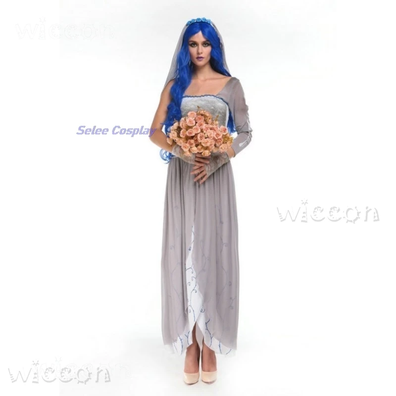 Corpse Masquerade Bride Emily Cosplay Costume Wig Zombie Ghost Halloween Party Dress up Women Scary Gothic Poor Wedding Dress