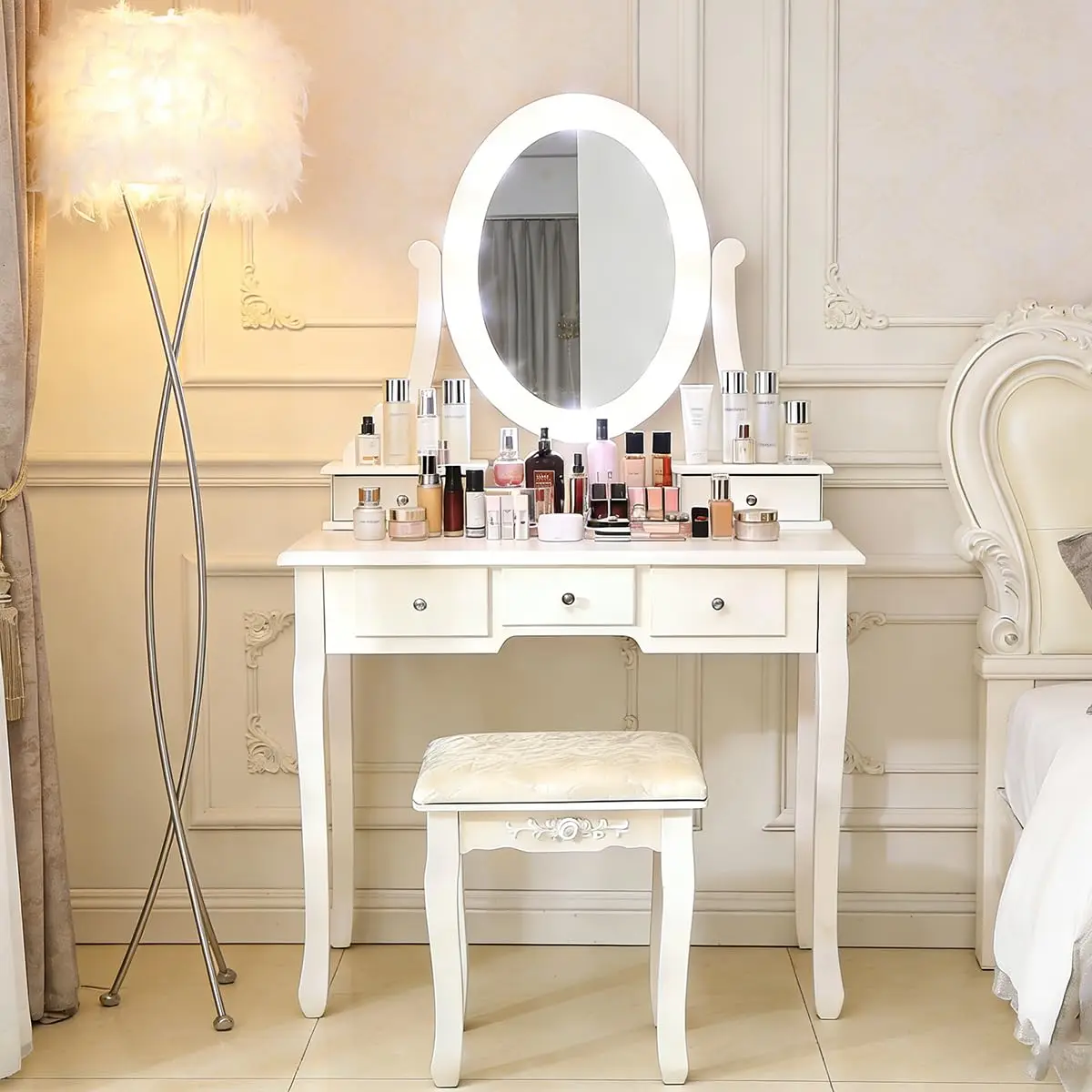 #European Vanity Table Drawer Makeup Set with Lighted Mirror & Stool Bedroom White Curved Feet