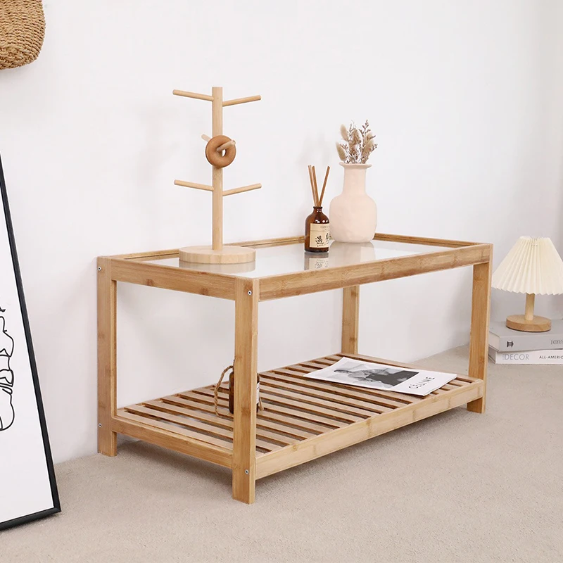 

Modern Bamboo Center Table for Living Room or Home Sofa Side Coffee Table With Square Glass Top for Small Apartmentspromote sale