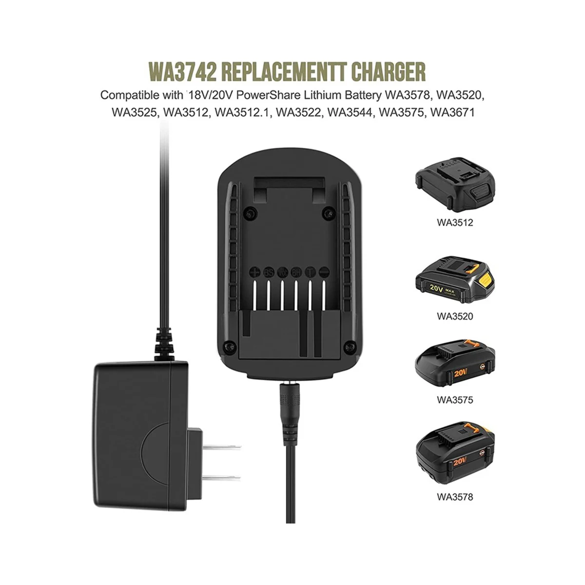 WA3732 Charger WA3742 20V Battery Charger for Worx 20V Lithium Battery WA3578 WA3525 WA3520 WA3575(EU Plug)