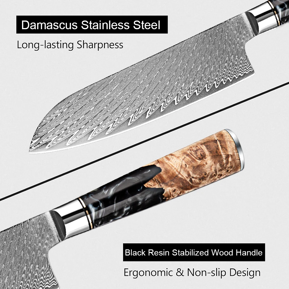 سكين الطاهي الياباني 7 بوصة سكين المطبخ سكين Santoku الحاد دمشق الصلب المطبخ سكين التقطيع الراتنج الأسود ومقبض خشبي