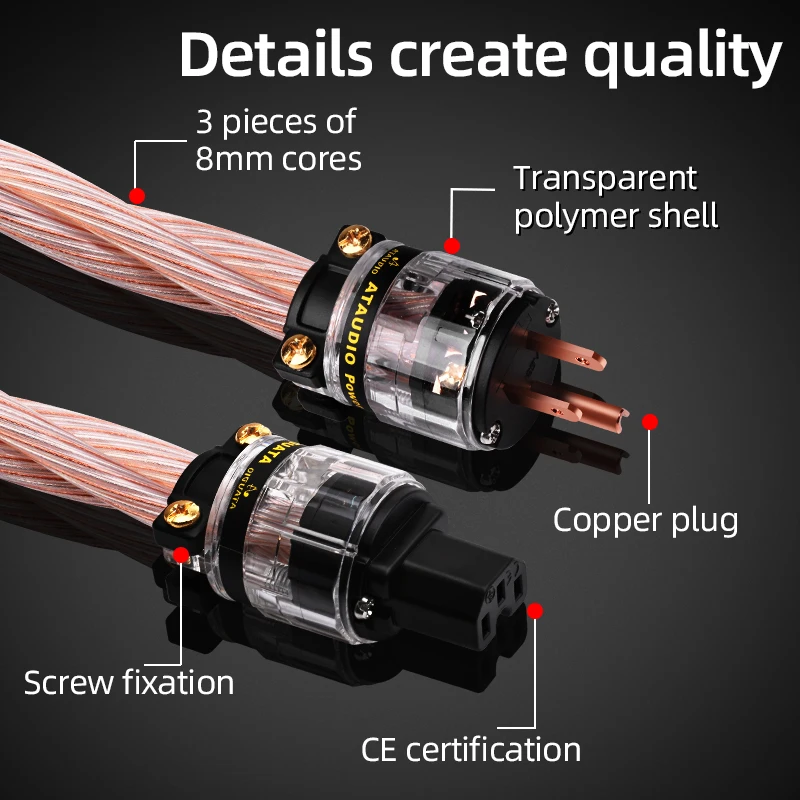 ATAUDIO Hifi Audio Power Cable Hi-End Copper and Silver core Gold plated  EU US AU plug Hybrid  Power Cord for CD Amplifier
