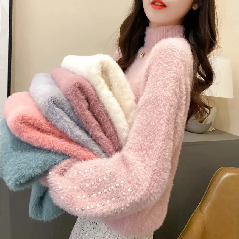 

Sweaters Womens Imitation Mink Velvet Half Turtleneck Bottom Shirt 2024 Autumn Winter Long-sleeve All-match Slim Pullover Women