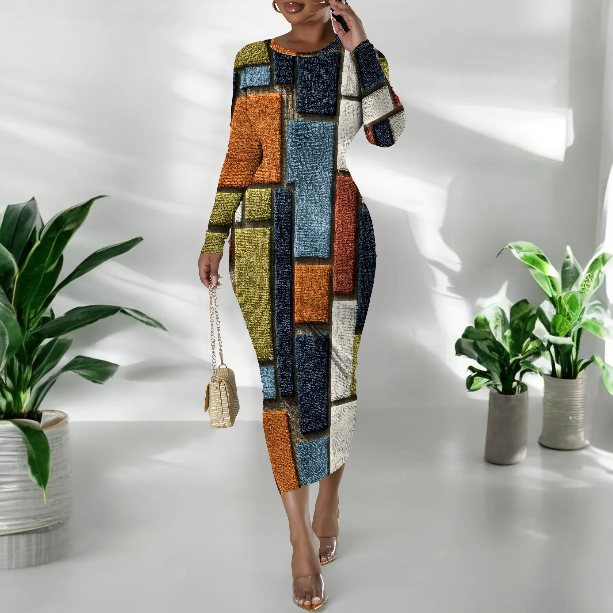 Colorful Block Print Long Sleeve Dress, Geometric Pattern Maxi Dress, Round Neck Bodycon Gown, Party Club Wear XS-3XL