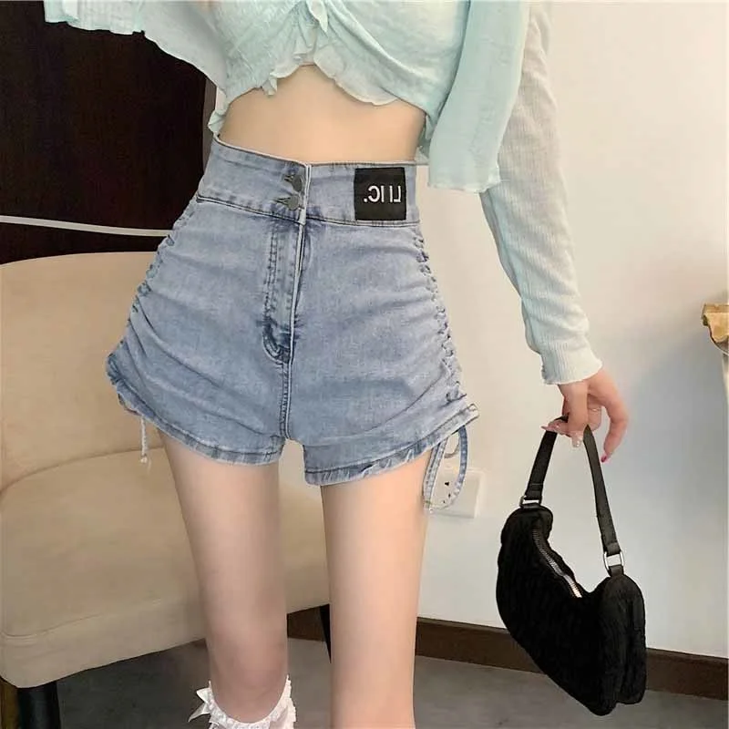 Sweet And Spicy Girl High Waist Drawstring Denim Shorts Women's Summer New Style plus Size Hot Pants Flared Leg Super Short