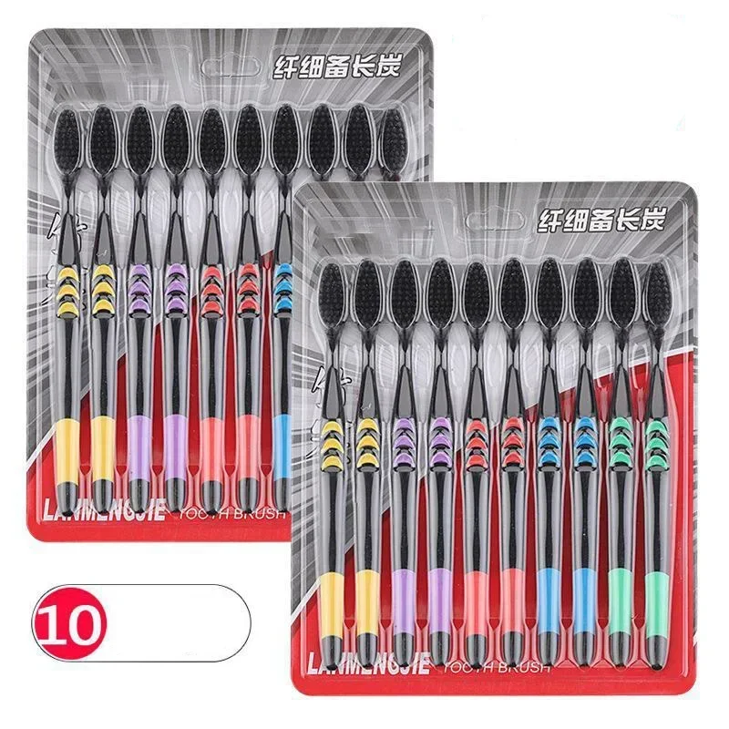 10 조각 포장 부드러운 강모 대나무 숯 검은 머리 초극세 미용 칫솔 커플 정장 구강 청소 도구
