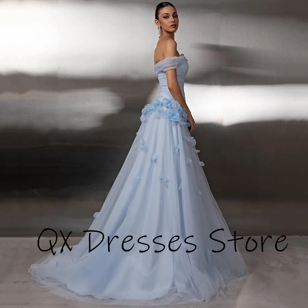 فستان سهرة مخصص مكشوف الكتفين من التول الأزرق السماوي مزين بدون أكمام سويب تراين للحفلات على شكل حرف a فستان حفلات على الأرض #4