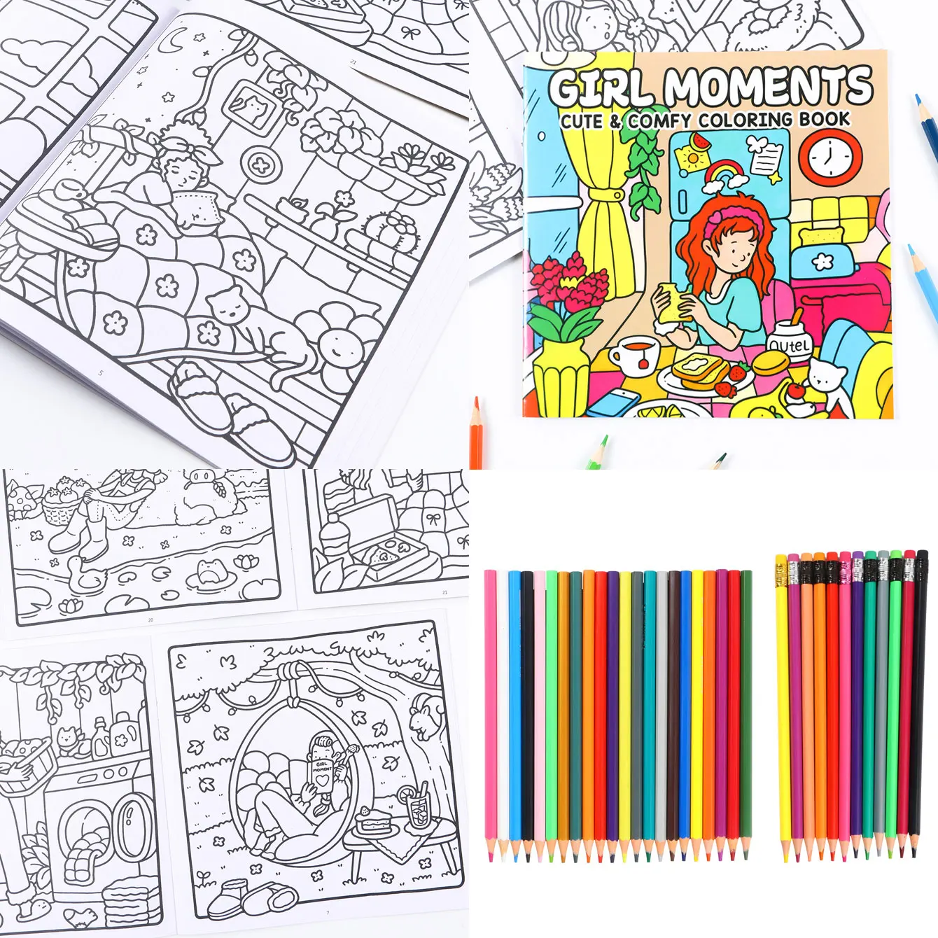 

24 Pages Girls Coloring Book, Colored pencil set Sketchbook Whimsical Illustrations, Durable Family Fun Gift for Kids Students