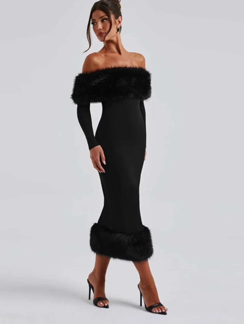 Women's Black Novel Furry Neck Long Sleeve Dress Sexy Off Shoulder Slim Dresses