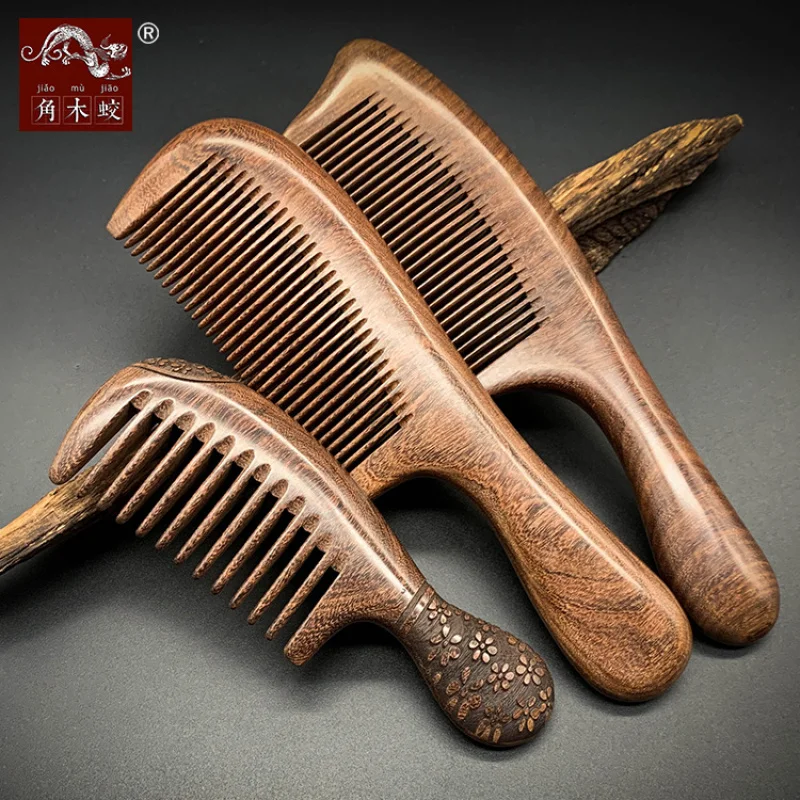 

Jiaomu Jiao Golden Silk Sandalwood with Thickened Round-Head Handle, Massage and Health Hair Care Comb