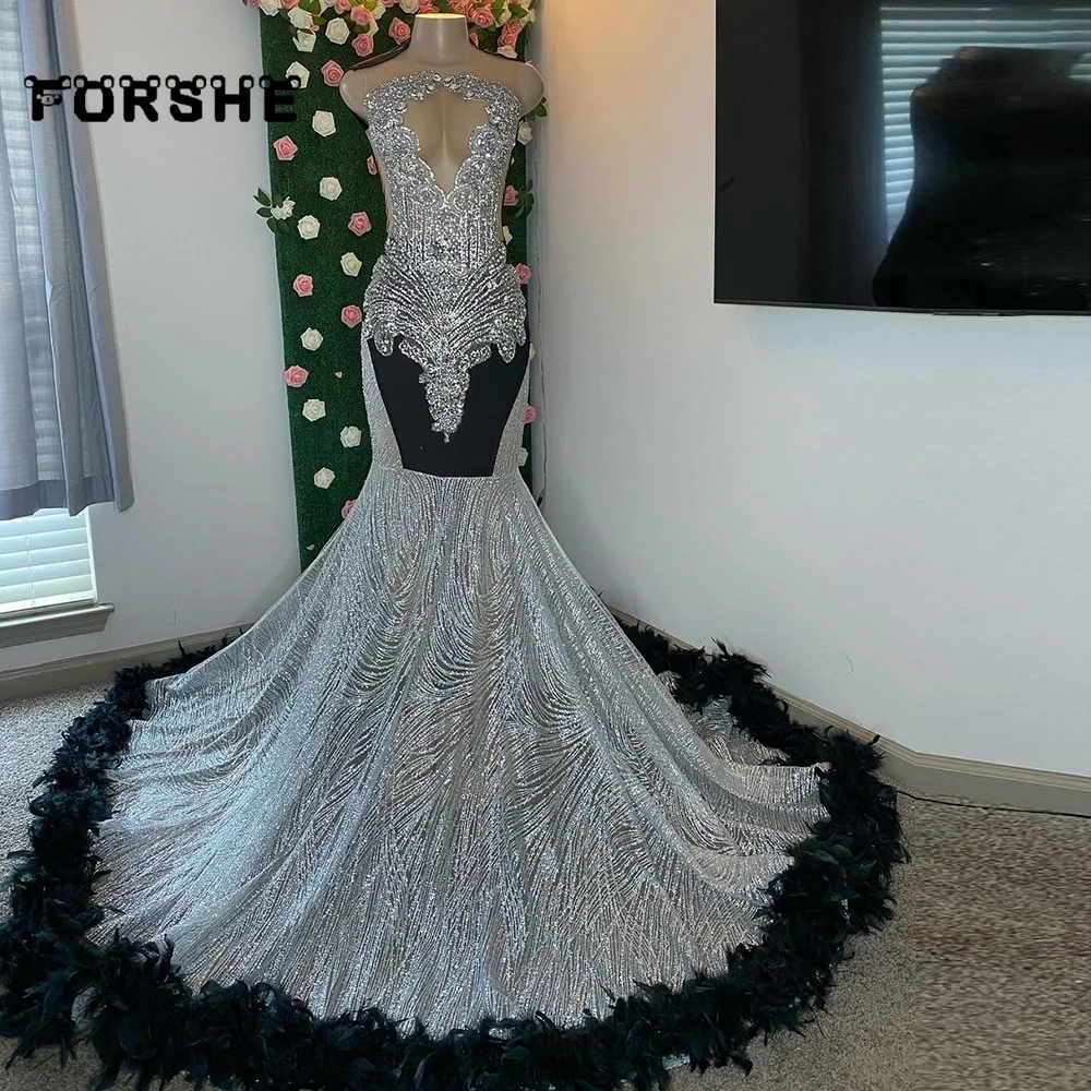 

African Sparkly Prom Dress Mermaid 2025 Rhinestones Feather Black Girl Evening Party Gala Gowns Customized