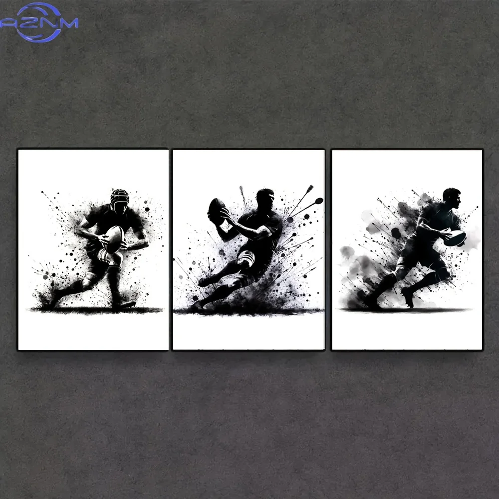 3pcs/ set of rugby wall art black art canvas posters, rugby sports poster prints, rugby gifts, living room home decor, frameless
