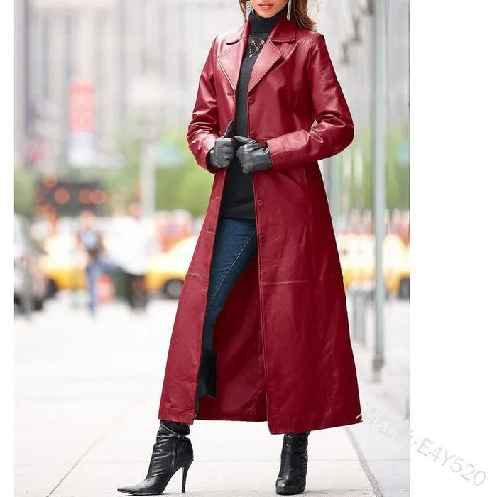 2023 Autumn Winter Women\'s Clothing Button Leather Coat Long-Cut Coat Slim Fit Slimming Pu Leather Wind Coat