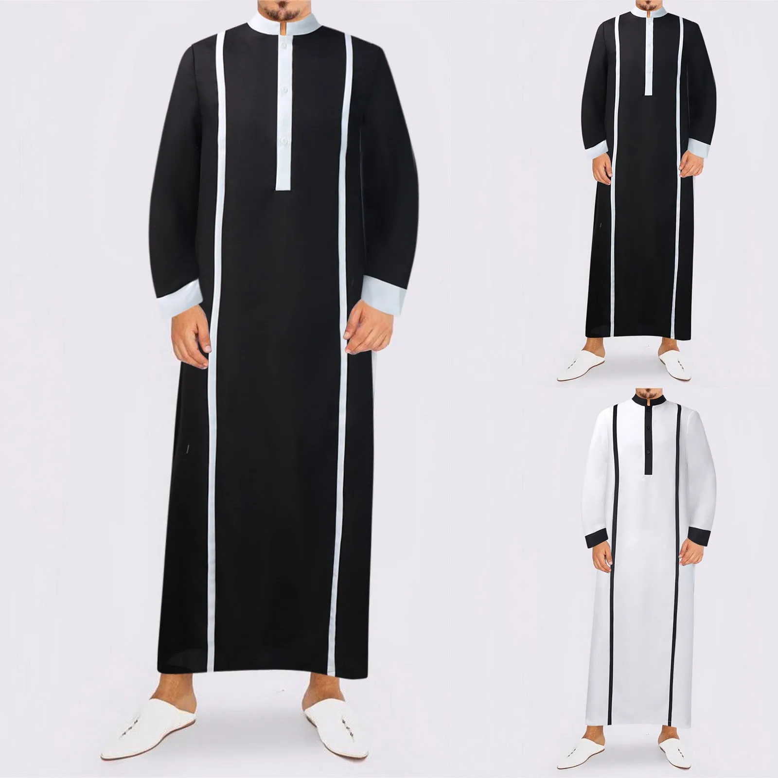 Jubba Thobe islâmico masculino, vestes muçulmanas, roupa solta, gola em pé, botão de lazer, Oriente Médio, Kaftan árabe, moda, Eid