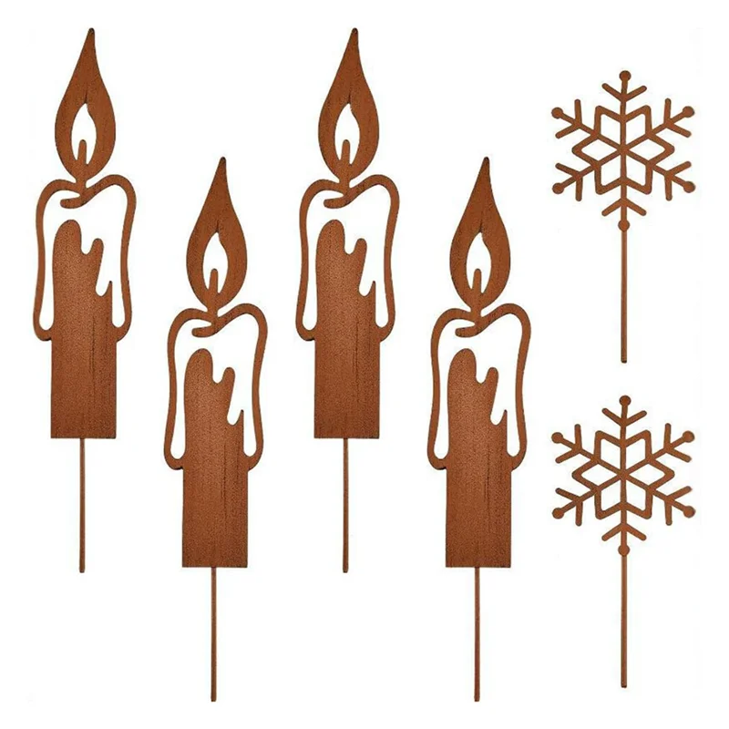 

6PCS Metal Rust Christmas Decorations Candles And Snowflakes Garden Decorative Stakes Natural Rusty Decorative Artwork