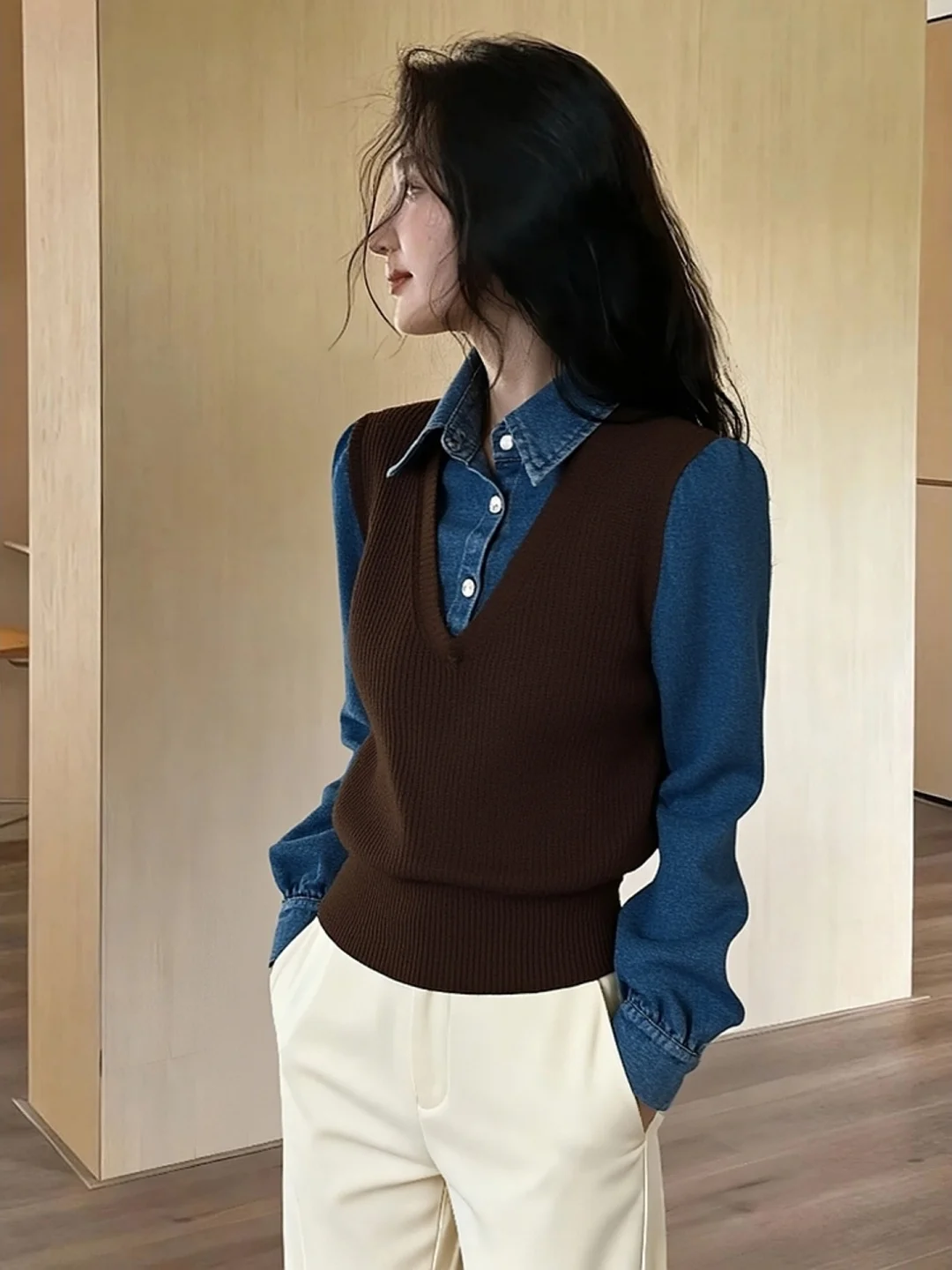 

Chic Knitted Coffee Color Splicing Women's irt Slim Fit Long Sve Collar Faionable Autumn Winter High Waist Ctr