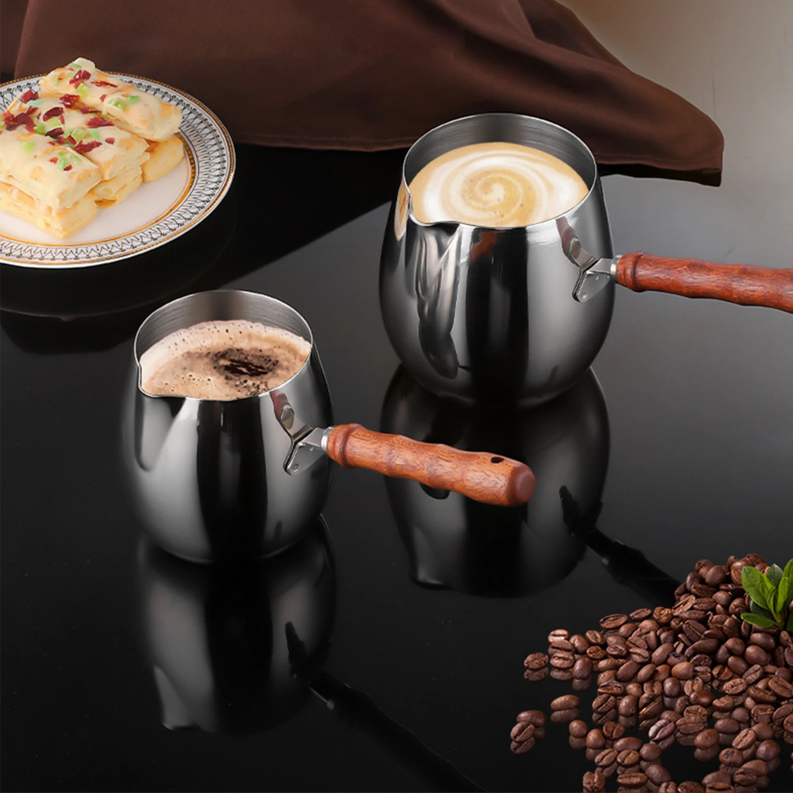 304 Stainless Steel Oil Splashing Small Pot Hot Oil Auxiliary Food Pot Coffee Pot Pouring Mouth Wooden Handle Melting Pan