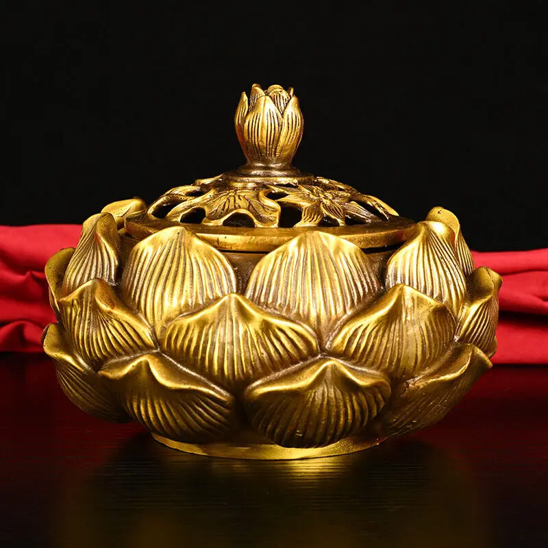 

Fengshui Chinese brass copper hand made Lotus shape exquisite incense burner