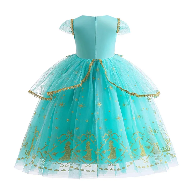 WU01 Jasmine Dress Girl Live Action Movie Aladdin Princess Cosplay Costume Deluxe Lace Sequin Fluffy Gown Kids Birthday ParJk5*！